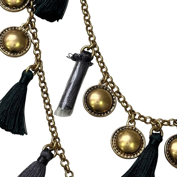 J Crew Statement Necklace Green Blue Tassels Gold Tone - Picture 3 of 6
